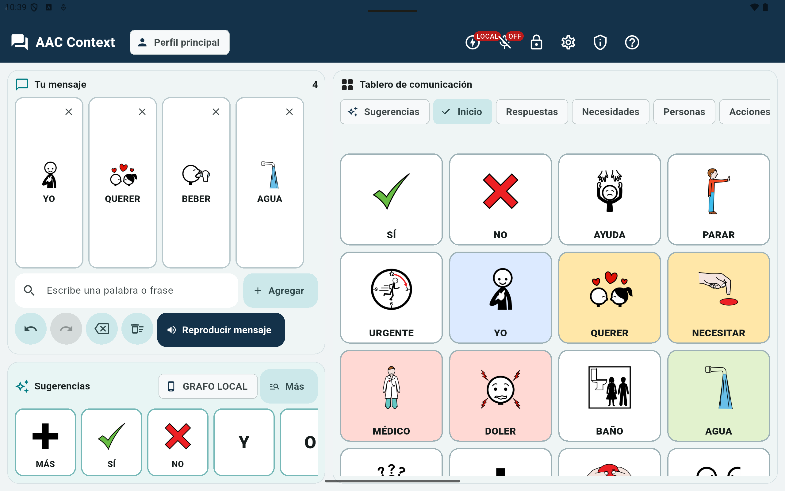 Captura real del tablero de NeuroFono con la secuencia yo, querer, beber y agua.